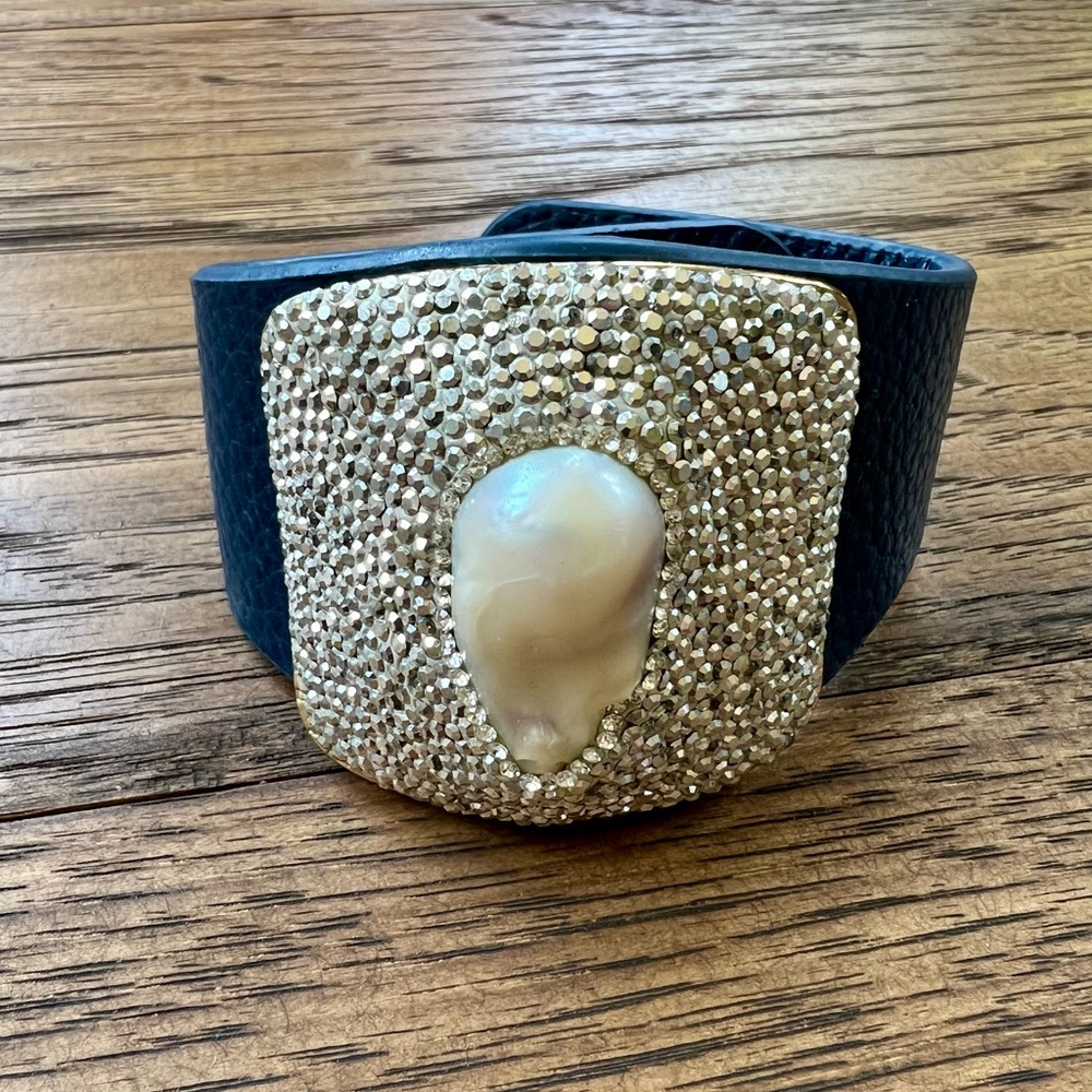 Best of Everything Pebbled Navy Leather Cuff Bracelet with Pearl in Pave Center